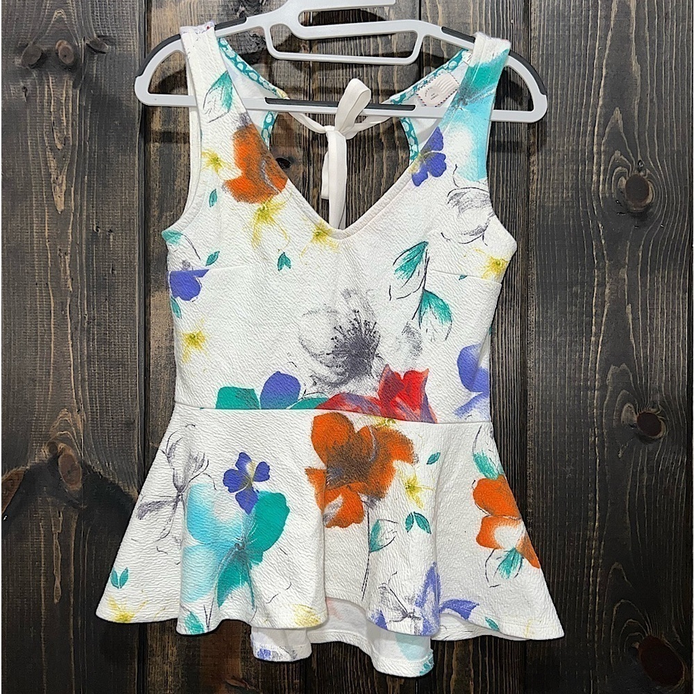 Anthro Postmark White Floral Top XS Peplum Tie Sleeveless Boho Chic Cottagecore